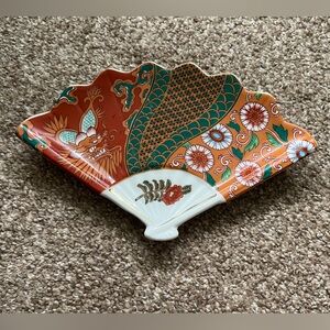 Meiji MANN Japan Folding Fan Shaped Ceramic Decorative Plate Wall Hanging Dragon